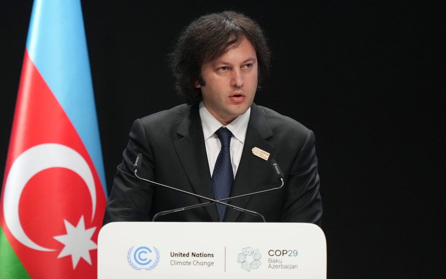 Georgiens premiärminister Irakli Kobachidze under klimatmötet COP29 i grannlandet Azerbajdzjan för två veckor sedan. Arkivbild.