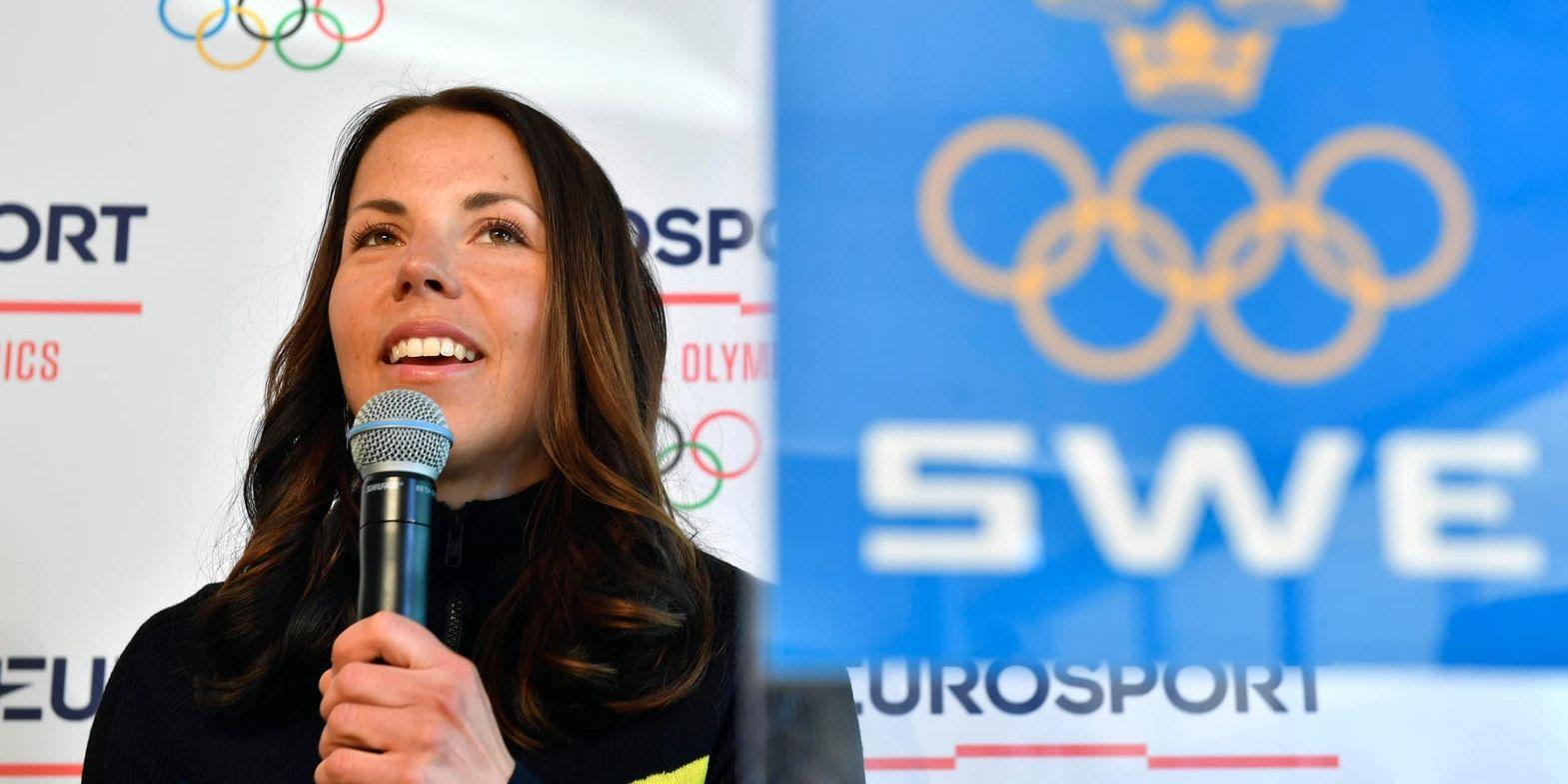 Charlotte Kalla stod i rampljuset på presskonferensen inför damernas skiathlon.