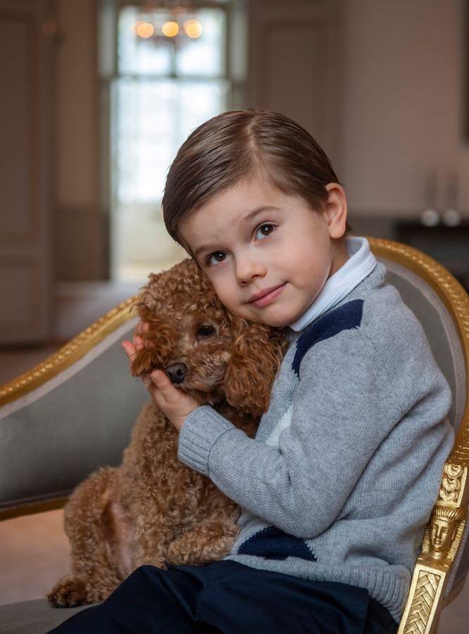 Prins Oscar gosar med familjens hund Rio.