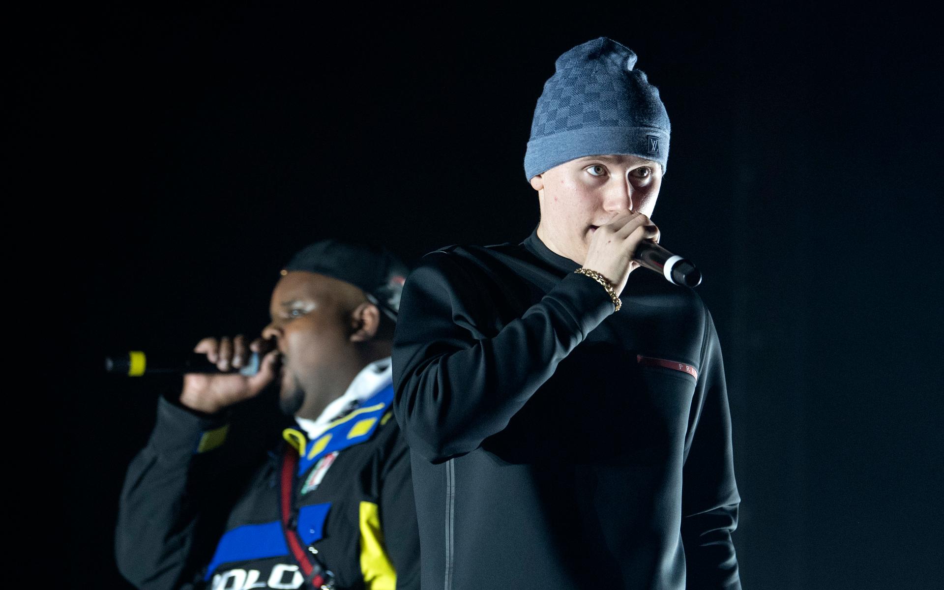 Dree Low (tv) och Einár uppträder som förband till den amerikanska rapparen ASAP Rocky i Globen 2019.