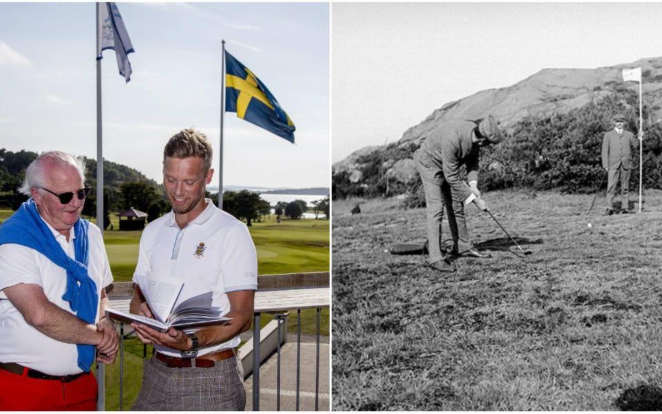 På bilden till vänster syns Claes Olsson, ordförande i Göteborgs Golf Klubbs historiska kommitté och Niklas Svantesson, klubbchef vistas på Göteborgs Golf Klubb sommaren 2017. Till höger en bild på hur banan såg ut 112 år tidigare. Bild: Adam Ishe/Göteborgs Golf Klubb.
