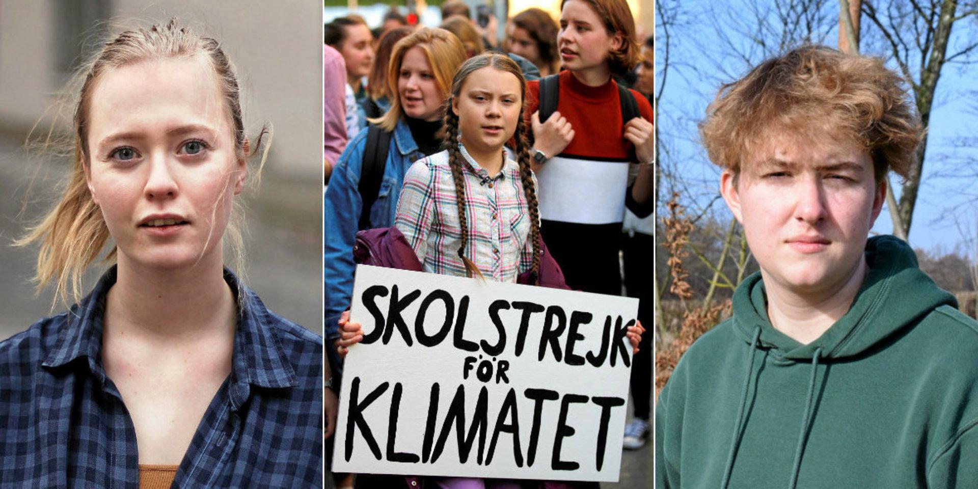 Rebecka Forsberg, Grön Ungdom, språkrör Grön Ungdom Väst, klimatpolitisk talesperson och Axel Lundholm Ericson, språkrör Grön Ungdom Väst. (Bilden i mitten: Greta Thunberg).