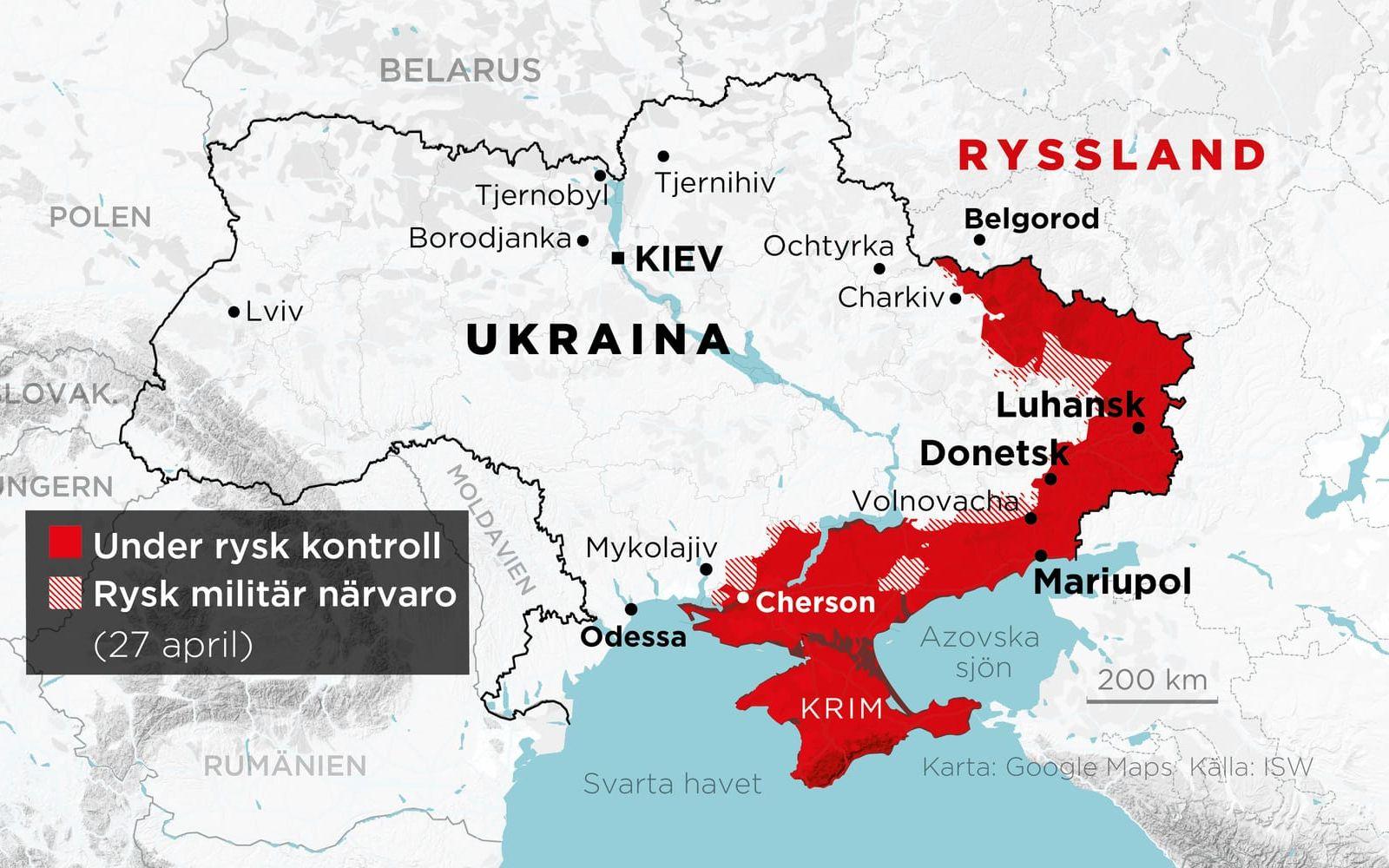 Områden under rysk kontroll samt områden med rysk militär närvaro den 27 april.