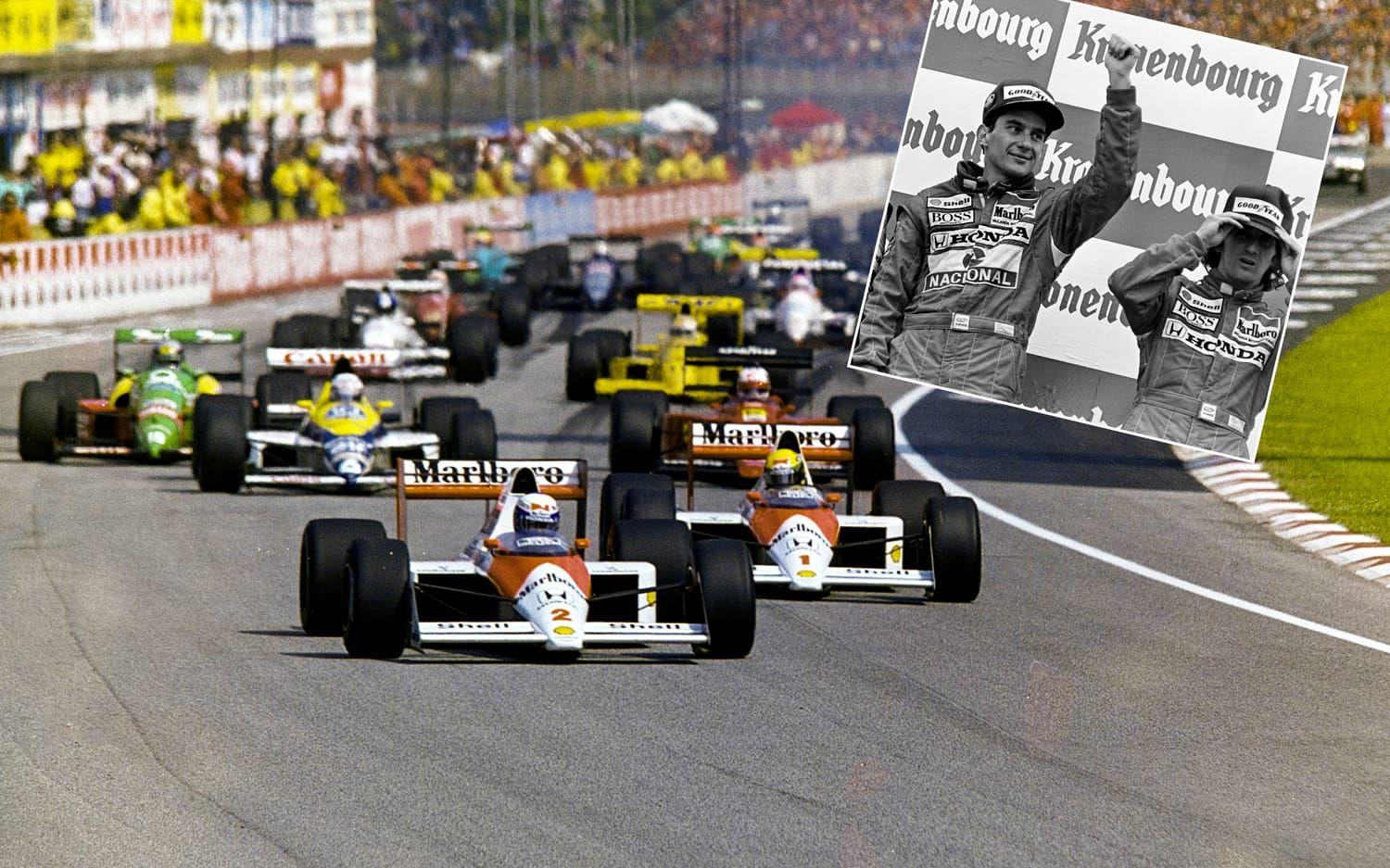 2. Ayrton Senna och Alan Prost. F1-världens två största stjärnor i slutet av 1980-talet och början av 1990-talet, var lagkamrater i McLaren-stallet. Men rivaliteten var stor, och de två stjärnorna hatade varandra. Efter Sennas titel 1988 förvärrades situationen och den efterföljade säsongen kulminerade konflikten när lagkamraterna kolliderade på Suzuka-banan. Senna diskvalificerades och Prost vann titeln. Foto: Bildbyrån