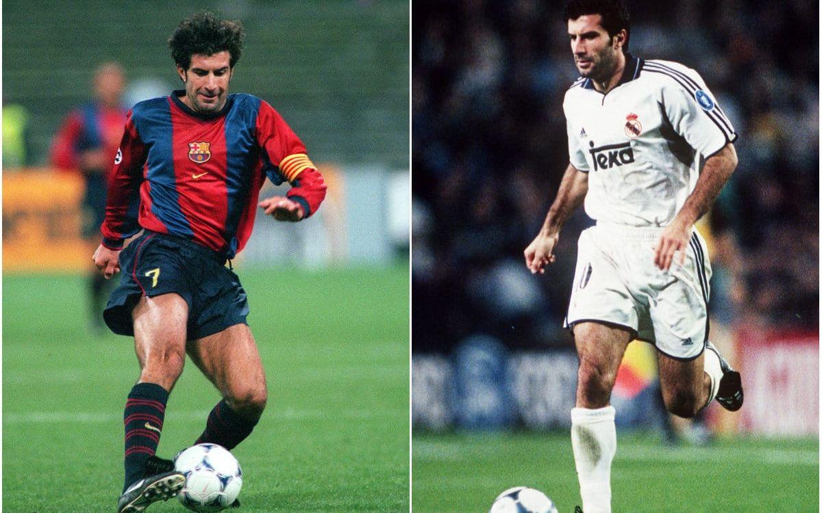 Luis Figo var extremt populär i Barcelona under 1995-2000. Men portugisen valde att gå till värsta rivalen Real Madrid. Något fansen inte uppskattade. I ett av lagens möten kastades bland annat ett grisansikte in mot Figo. Bild: Bildbyrån