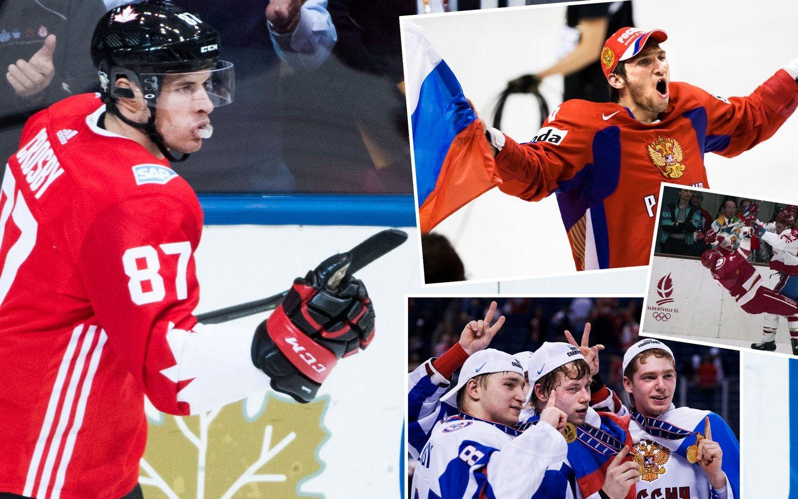 <strong>4. Kanada–Ryssland.</strong> Världens två största hockeynationer. Väst mot öst, Crosby mot Ovetjkin... och rivaliteten var förmodligen ännu större under "CCCP-eran". Foto: Bildbyrån
