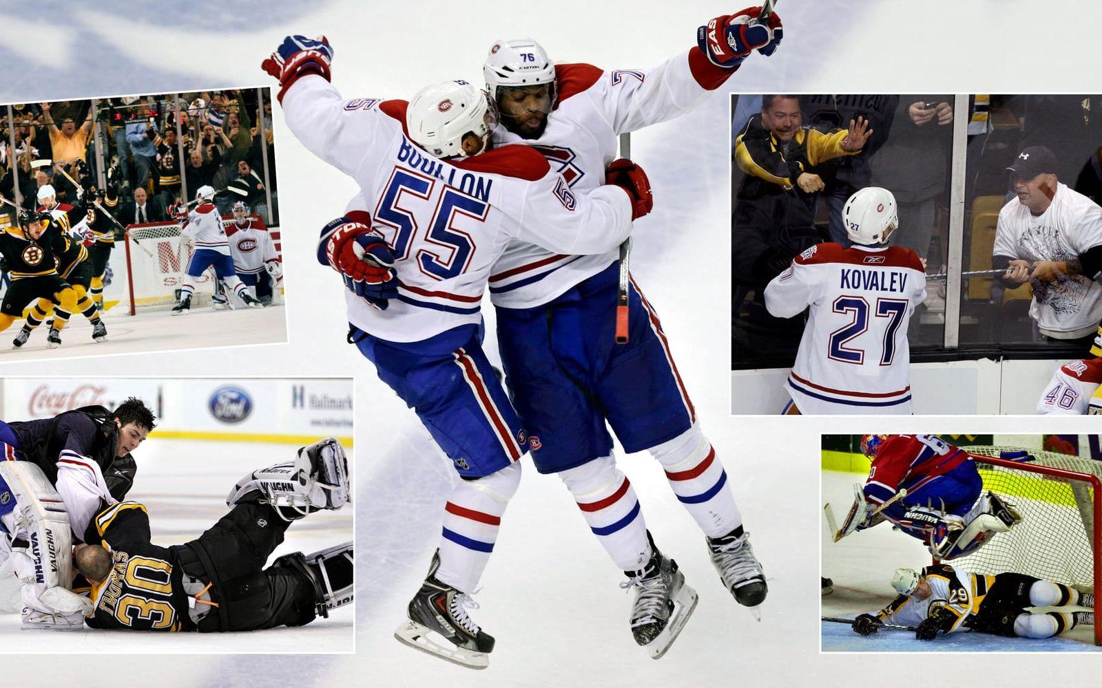<strong>32. Boston Bruins–Montreal Canadiens.</strong> Två klubbar som har varit med sedan NHL startades. Lagen har mötts flest gånger av alla, och har gjort upp i 34 slutspelsserier. Nio av dessa har gått till en sjunde och avgörande match. Montreal har flest Stanley Cups, men Boston vann senast (av de två). Foto: Bildbyrån