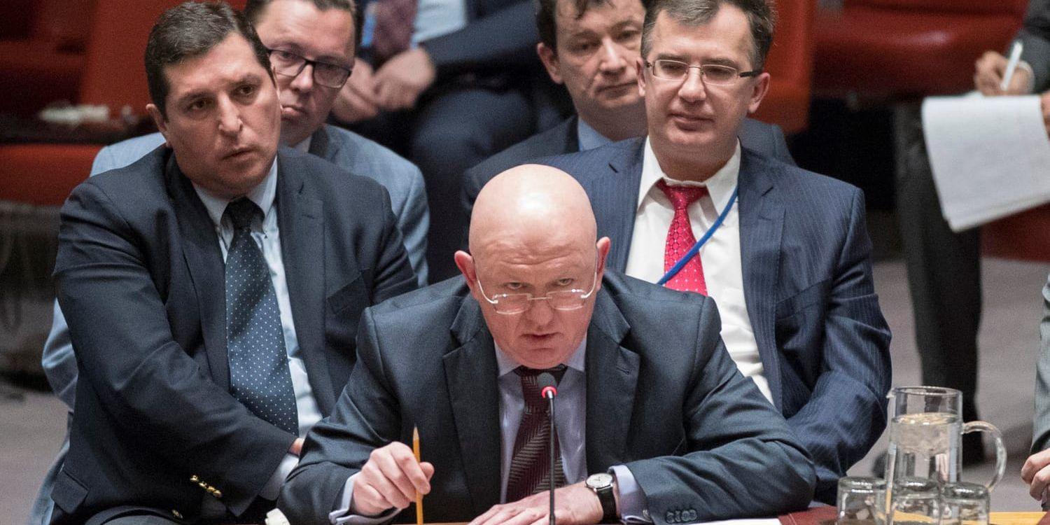 Rysslands FN-ambassadör Vassily Nebenzia under ett möte i säkerhetsrådet den 14 mars om den diplomatiska krisen mellan Storbritannien och Ryssland.