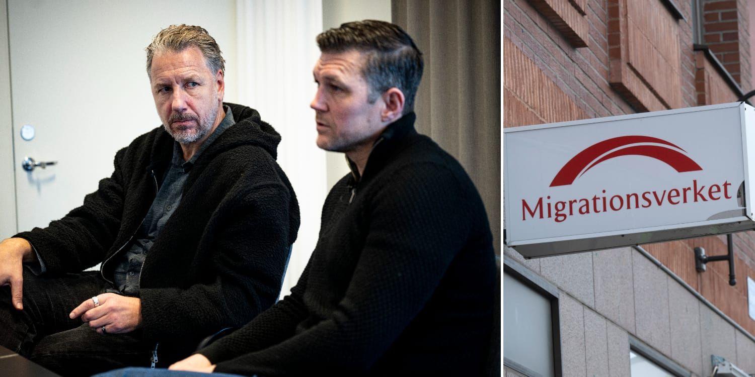Kollage. IFK:s Jesper Jansson och Hannes Stiller till vänster, Migrationsverkets skylt till höger.