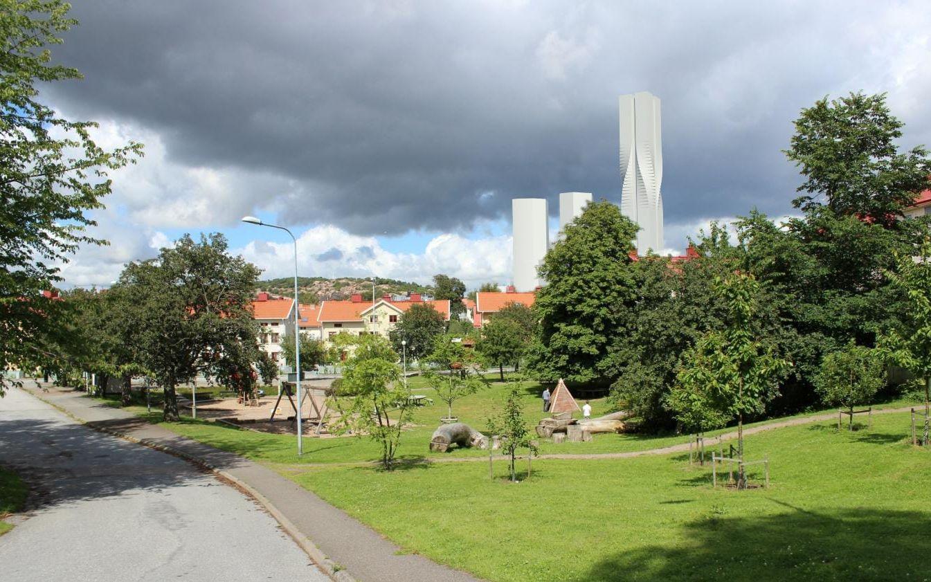 Karlatornet i vad som ser ut som klassiskt Göteborgsväder sett från Lindholmstorget. Fotomontage: Stadsbyggnadskontoret