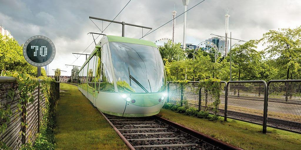 Så här skulle en snabbspårvagn kunna se ut i framtidens Göteborg. Bilden är ett montage, plats och utseende på fordon är fiktiva.