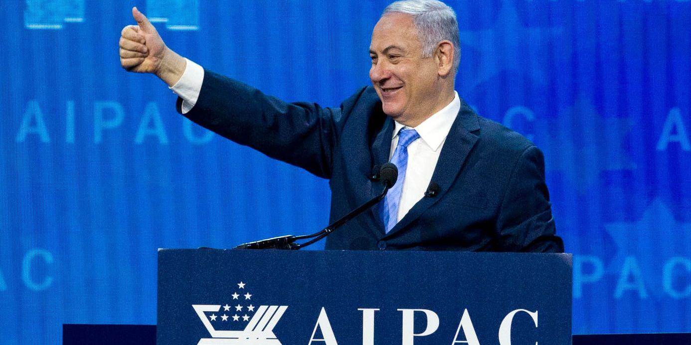 Israels premiärminister Benjamin Netanyahu vid en kongress för den inflytelserika proisraeliska lobbygruppen Aipac i USA i tisdags.