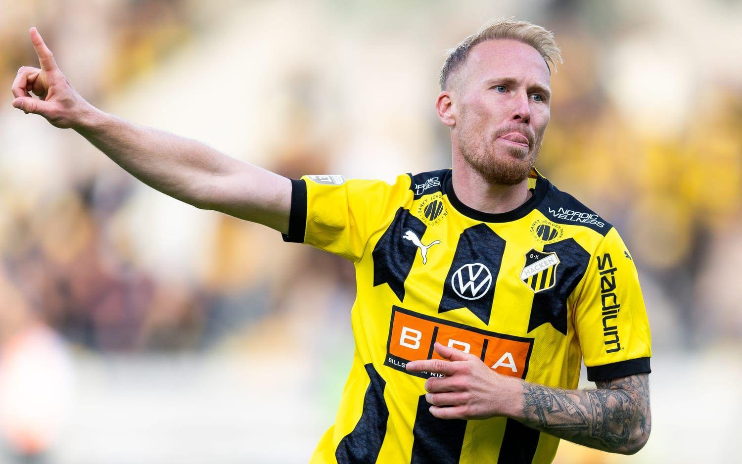 Häckens Mikkel Rygaard Jensen jublar efter 2-1 under fotbollsmatchen i Allsvenskan mellan Häcken och IFK Göteborg den 29 maj 2023 i Göteborg.