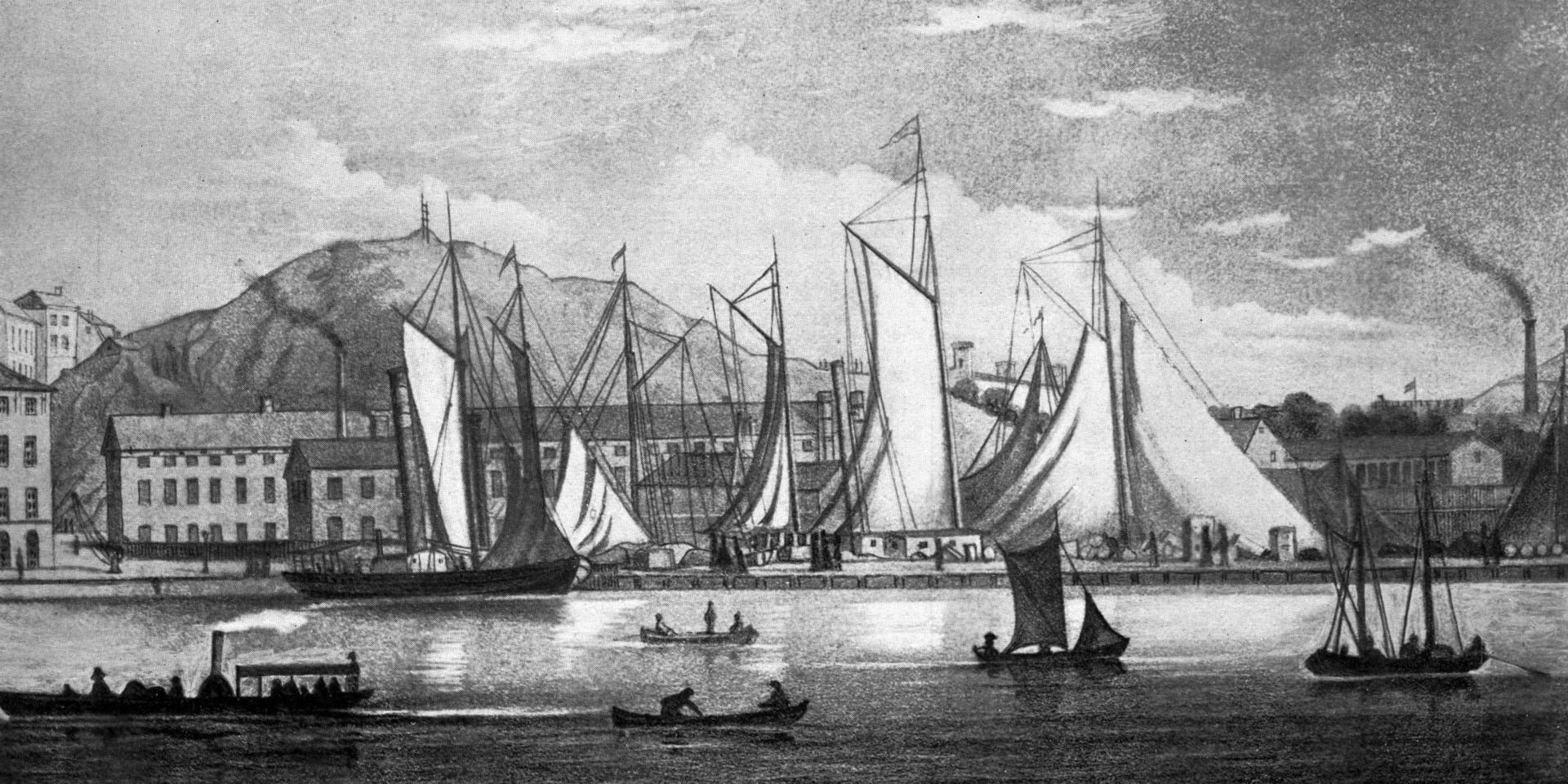 Skeppsbron i Göteborg 1859 - med en liten hjulångare i nedre vänstra hörnet. 
