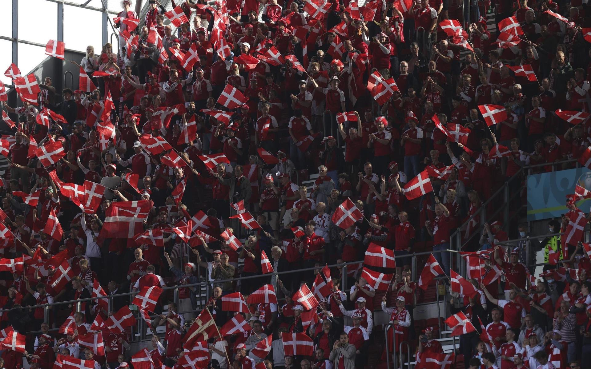 Danska fans under matchen mellan Danmark och Finland. 