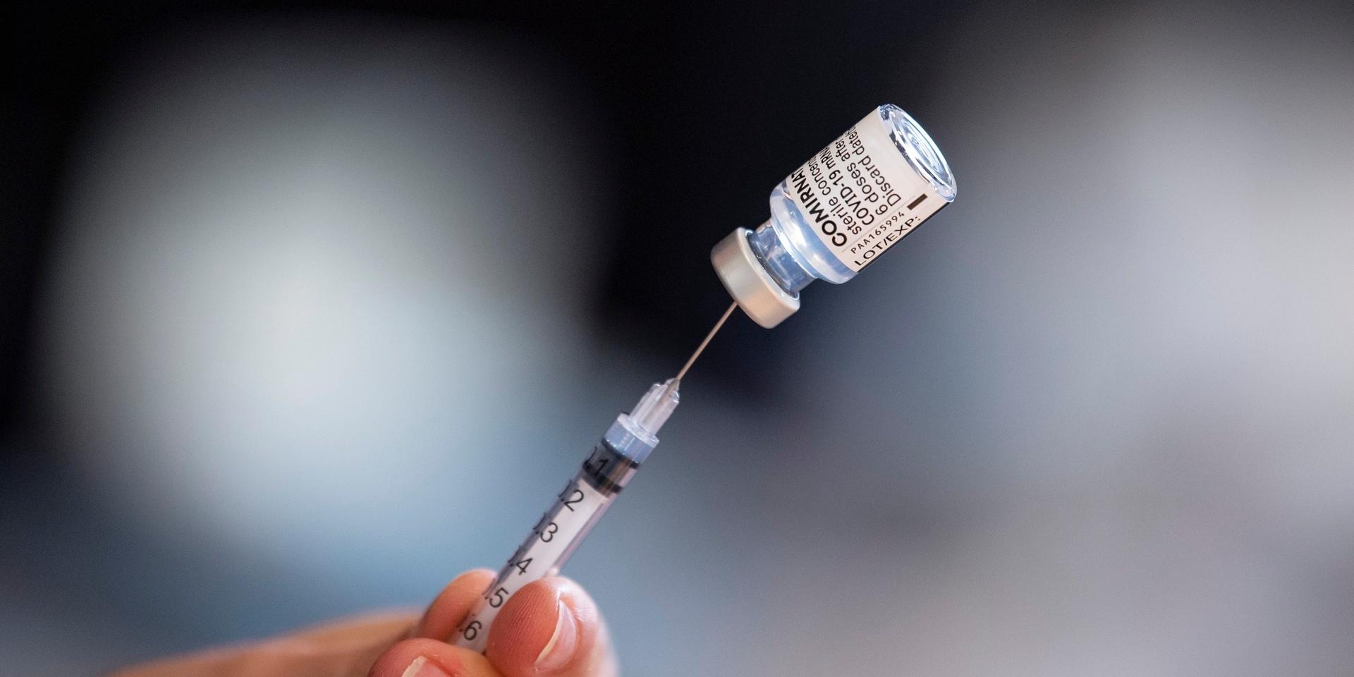 En spruta laddas med covid-19-vaccin från Pfizer-Biontech. Arkivbild.