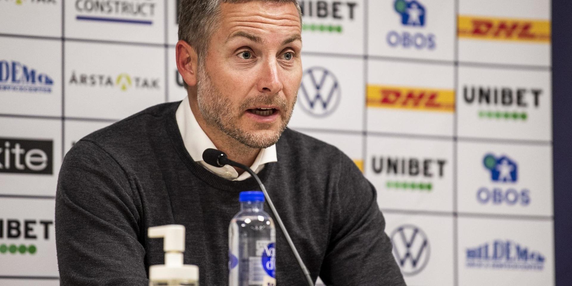 Örebros tränare Axel Kjäll under presskonferensen efter fotbollsmatchen i Allsvenskan mellan Sirius och Örebro den 5 juli 2020 i Uppsala.