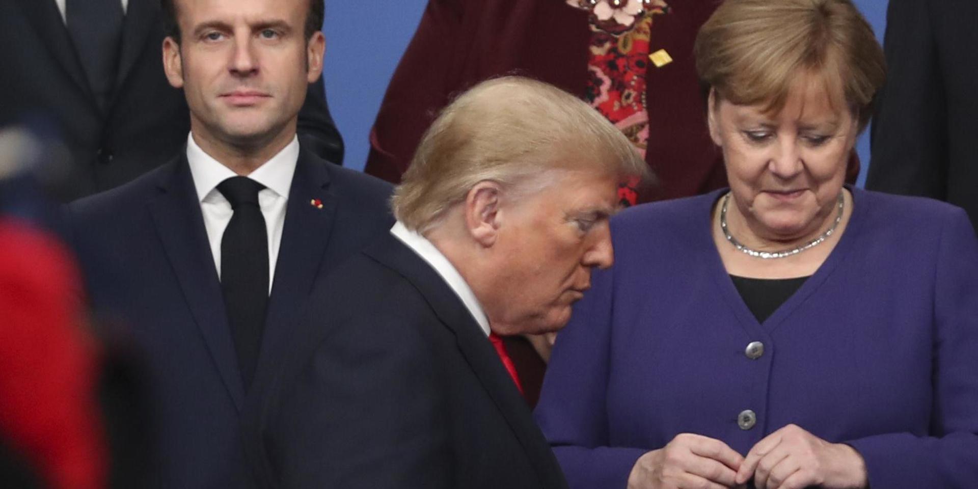 USA:s president Donald Trump med Frankrikes Emmanuel Macron och Tysklands förbundskansler Angela Merkel vid ett Nato-toppmöte i London 2019. Arkivbild.