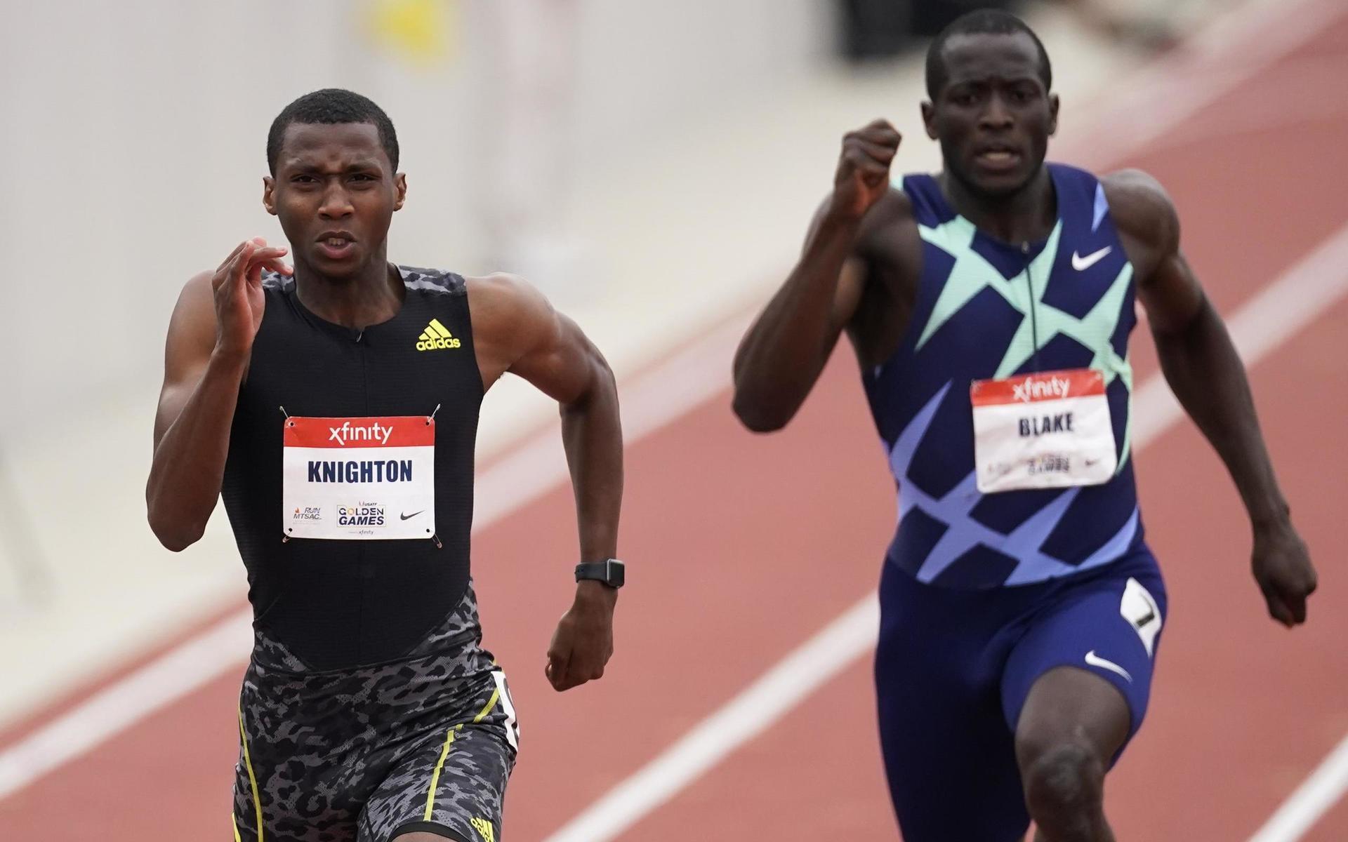 Erriyon Knighton (till vänster) raderade ut Usain Bolts 18 år gamla U18-rekord på 200 meter. Arkivbild. 
