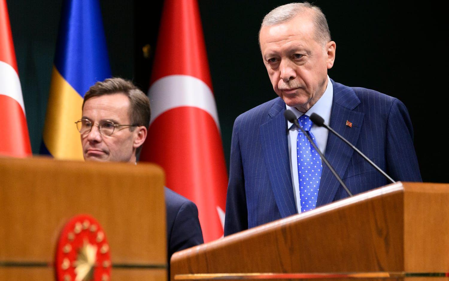 Statsminister Ulf Kristersson under en presskonferens med Turkiets president Recep Tayyip Erdogan i Ankara i början av november.
