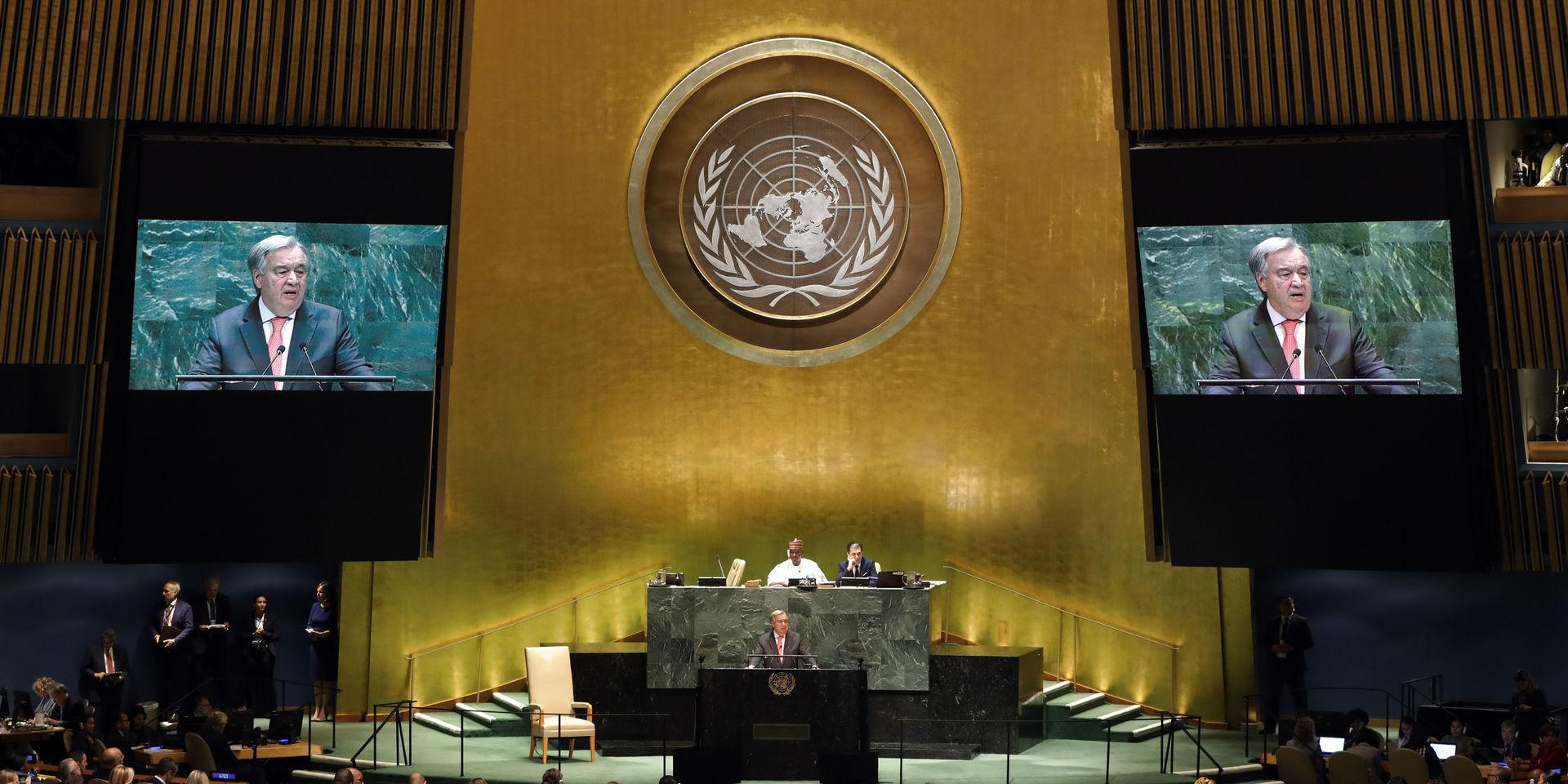 FN:s generalsekreterare Antonio Guterres talar inför medlemsländerna. Men FN:s deklaration om mänskliga rättigheter från 1948 är långt ifrån lika allmängiltig nu som när de undertecknades.