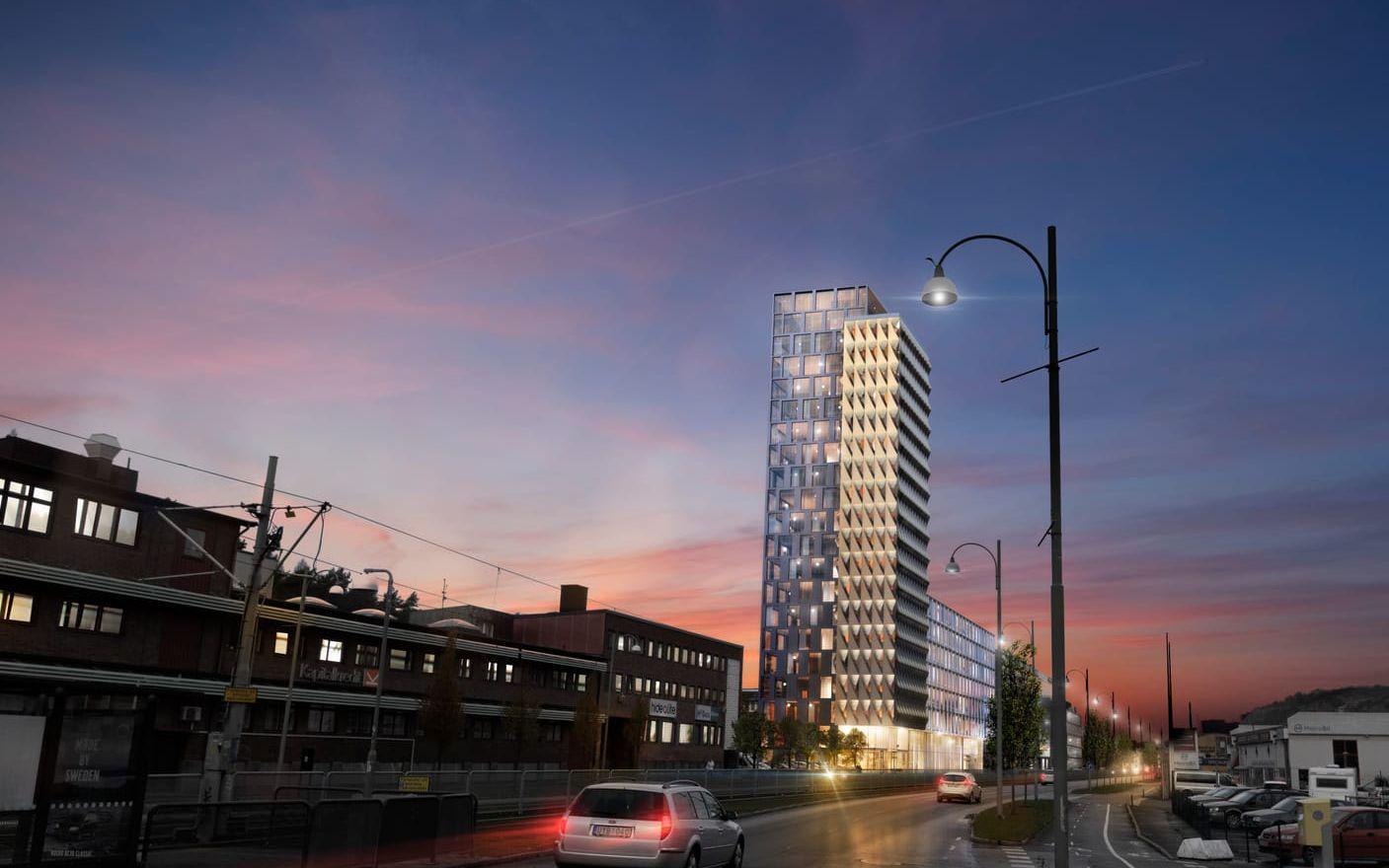 Landmärke. Med 21 våningar kommer hotellet längs Göteborgsvägen att bli det högsta i Göteborgs södra grannkommun. Illustration: Krook&Tjäder