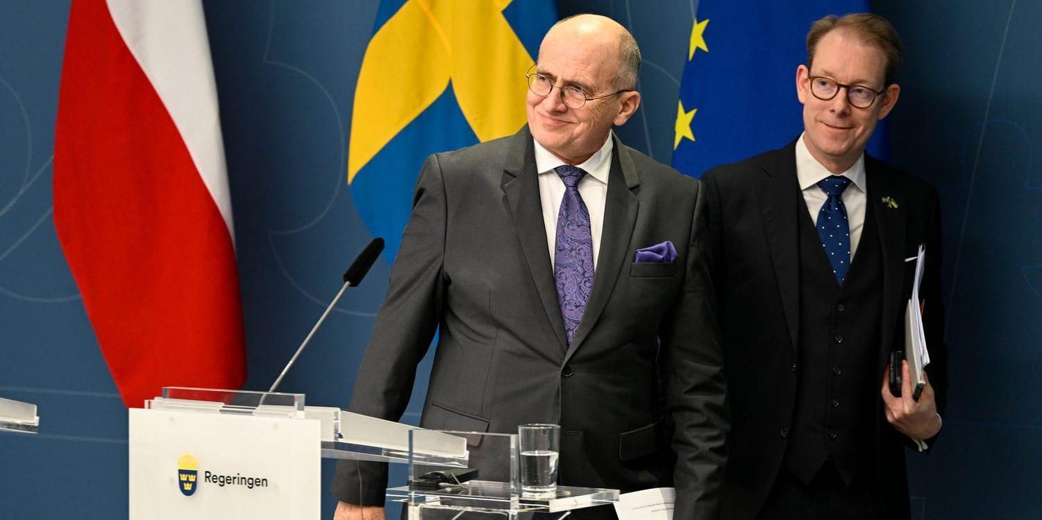 Utrikesminister Tobias Billström under en pressträff med Polens utrikesminister Zbigniew Rau.