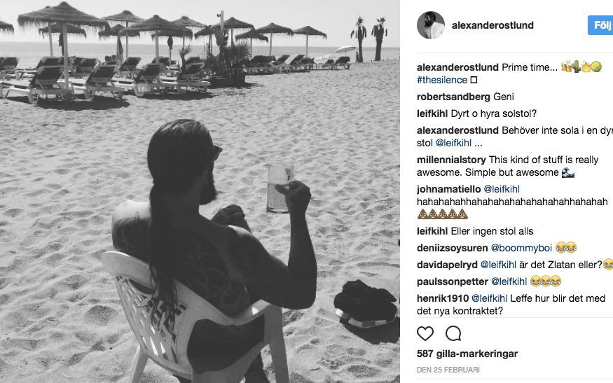 På flera av Alexander Östlunds, som varit nära vän till Zlatan länge, bilder har kontot Leif Kihl kommenterat och fått svar. Bild: Skärmdump Instagram.