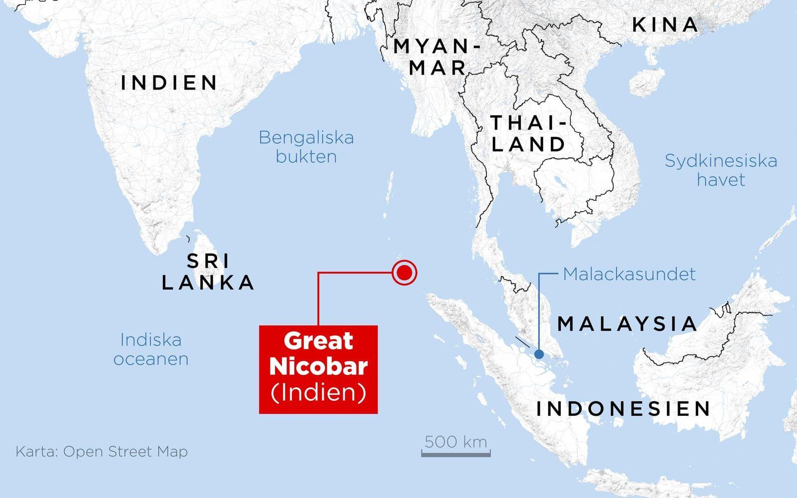 Great Nicobar tillhör Indien och ligger norr om indonesiska Sumatra, vid inloppet till den viktiga farleden Malackasundet.
