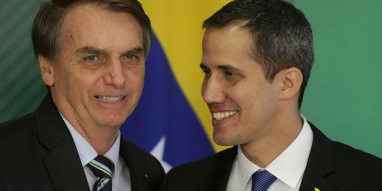 Jair Bolsonaro och Juan Guaidó vid ett möte i Brasília i slutet av februari. Liksom Donald Trump ser Bolsonaro Guaidó som Venezuelas rättmätige ledare.