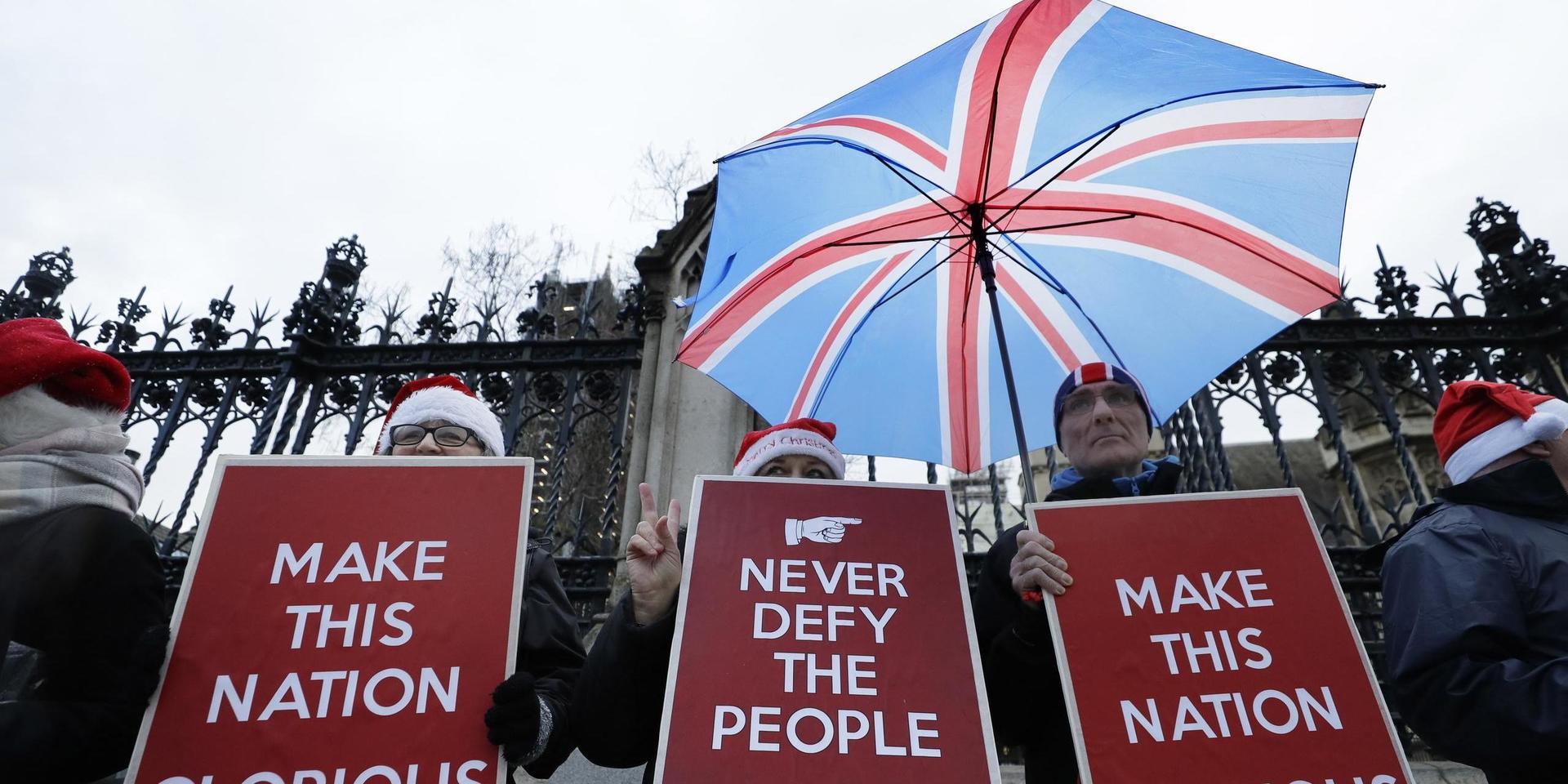 Brexitanhängare demonstrerar utanför det brittiska parlamentet.