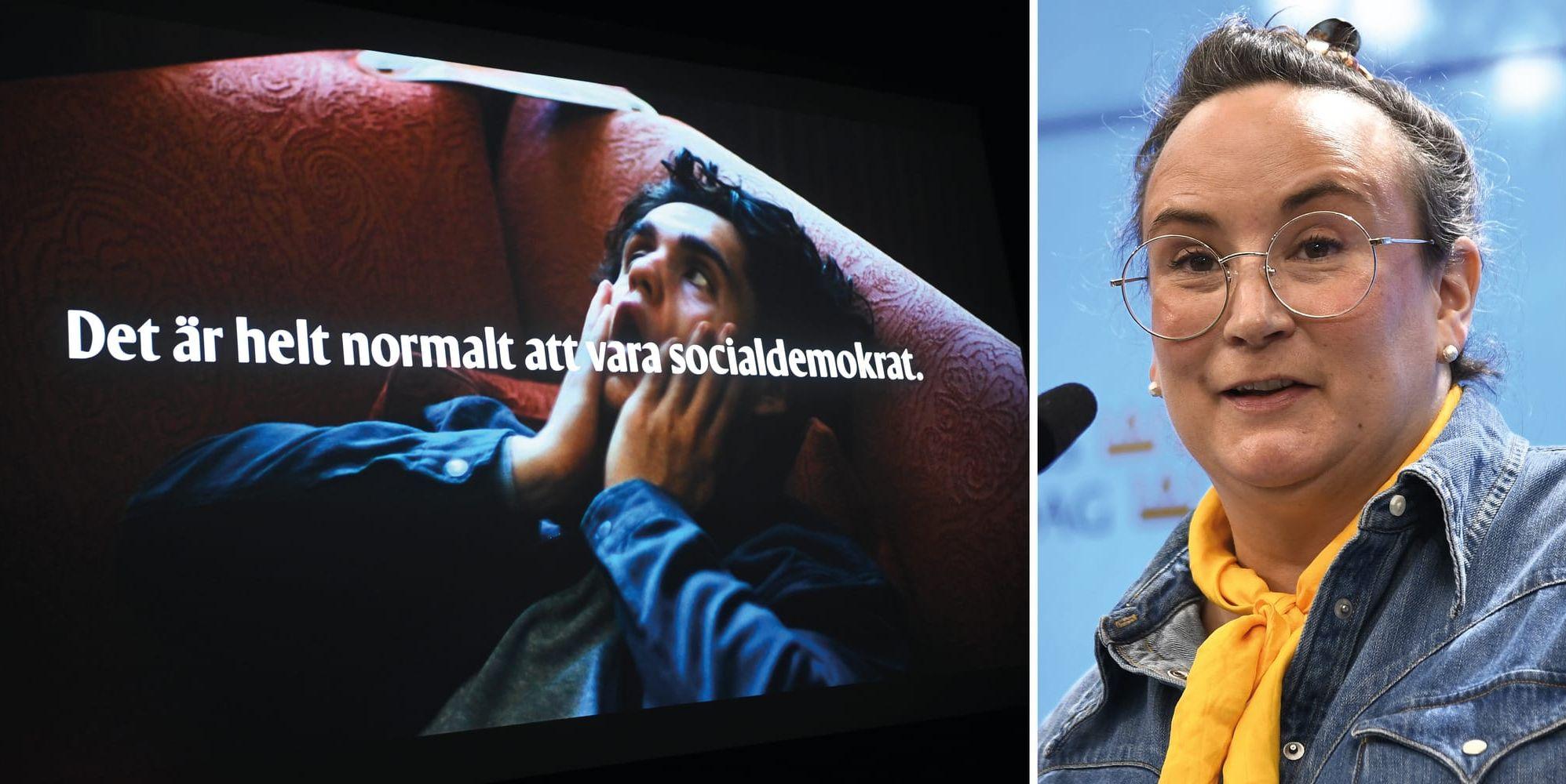 En bild på Socialdemokraternas film och på Miljöpartiets partisekreterare Katrin Wissing.