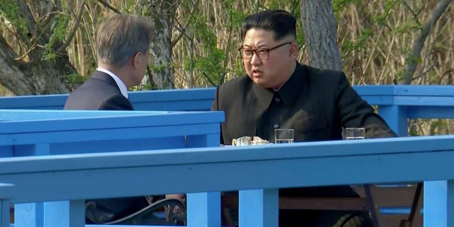 Nordkoreas ledare Kim Jong-Un, till höger, i samtal med Sydkoreas president Moon Jae-In under deras historiska möte den 27 april.