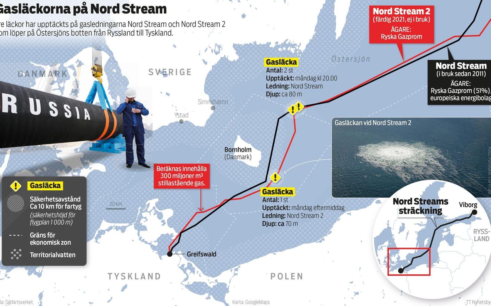 Karta som visar de tre läckorna på gasledningarna Nord Stream och Nord Stream 2 utanför Bornholm. Foto från Nord Stream 2-läckan.