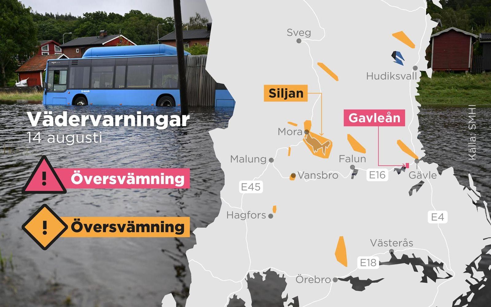 SMHI:s varningar för översvämningar måndagen den 14 augusti.