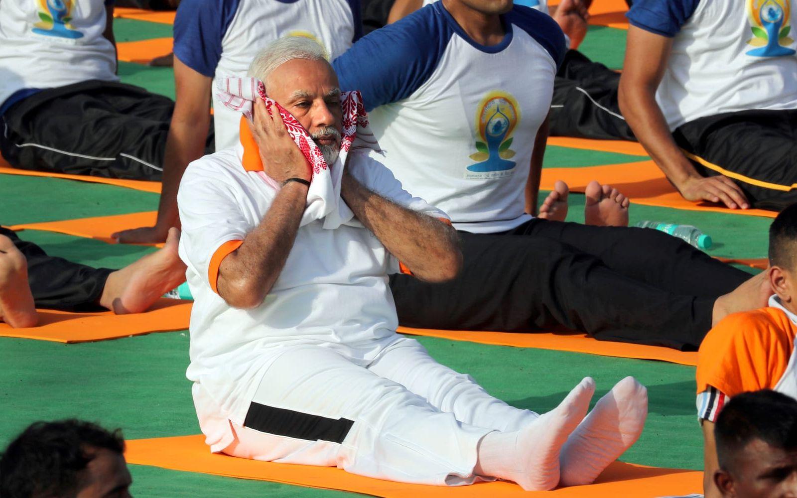 Narendra Modi i Dehradun, Indien, på internationella yogadagen 2018. Arkivbild.
