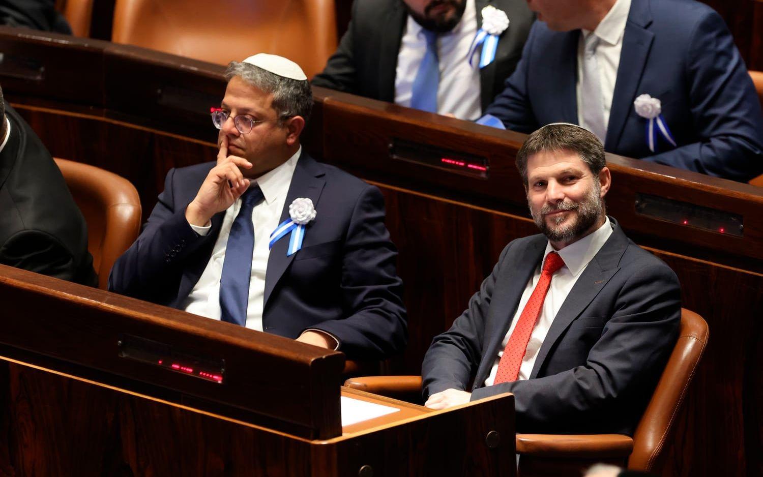 De högerextrema israeliska ministrarna Bezalel Smotrich och Itamar Ben-Gvir portas från Slovenien. Bild från Knesset 2022. 