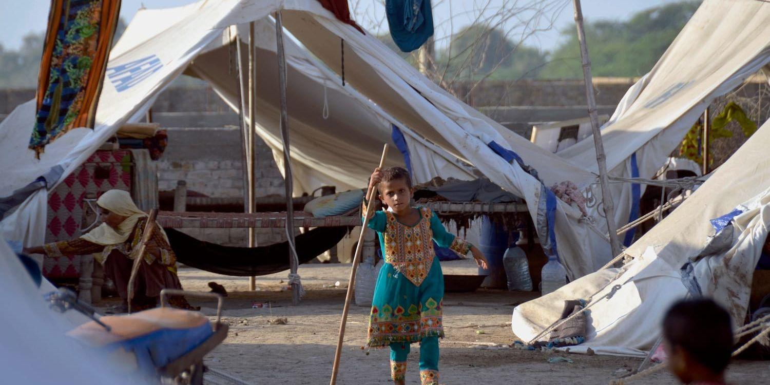 En flicka vid tältläger i Jaffarabad, Pakistan, där översvämningarna fått enorma konsekvenser och krävt minst 1 700 människoliv. Arkivbild.