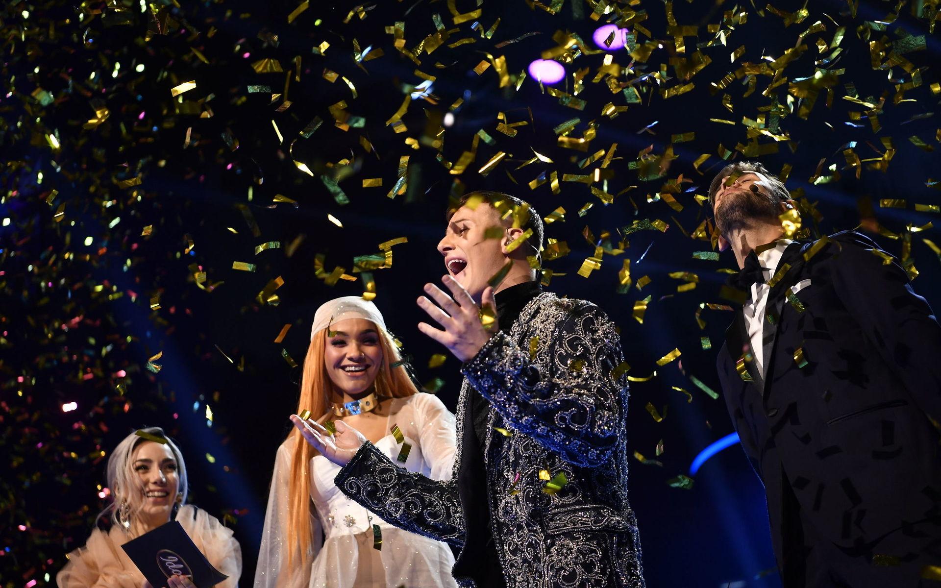 Sebastian Walldén när han fick beskedet att han vunnit TV4:s program Idol 2018 i Globen.