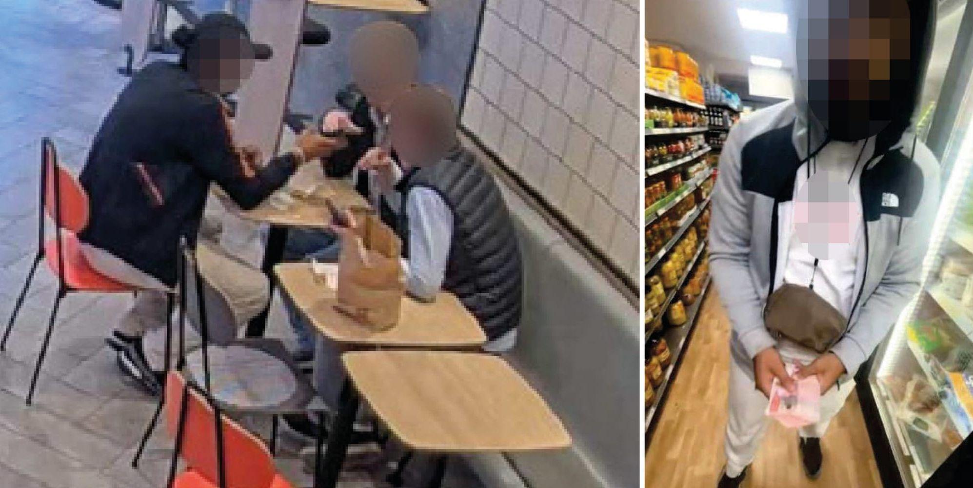 Till vänster är det tre män vid ett bord. Till höger en man med en bunt sedlar.