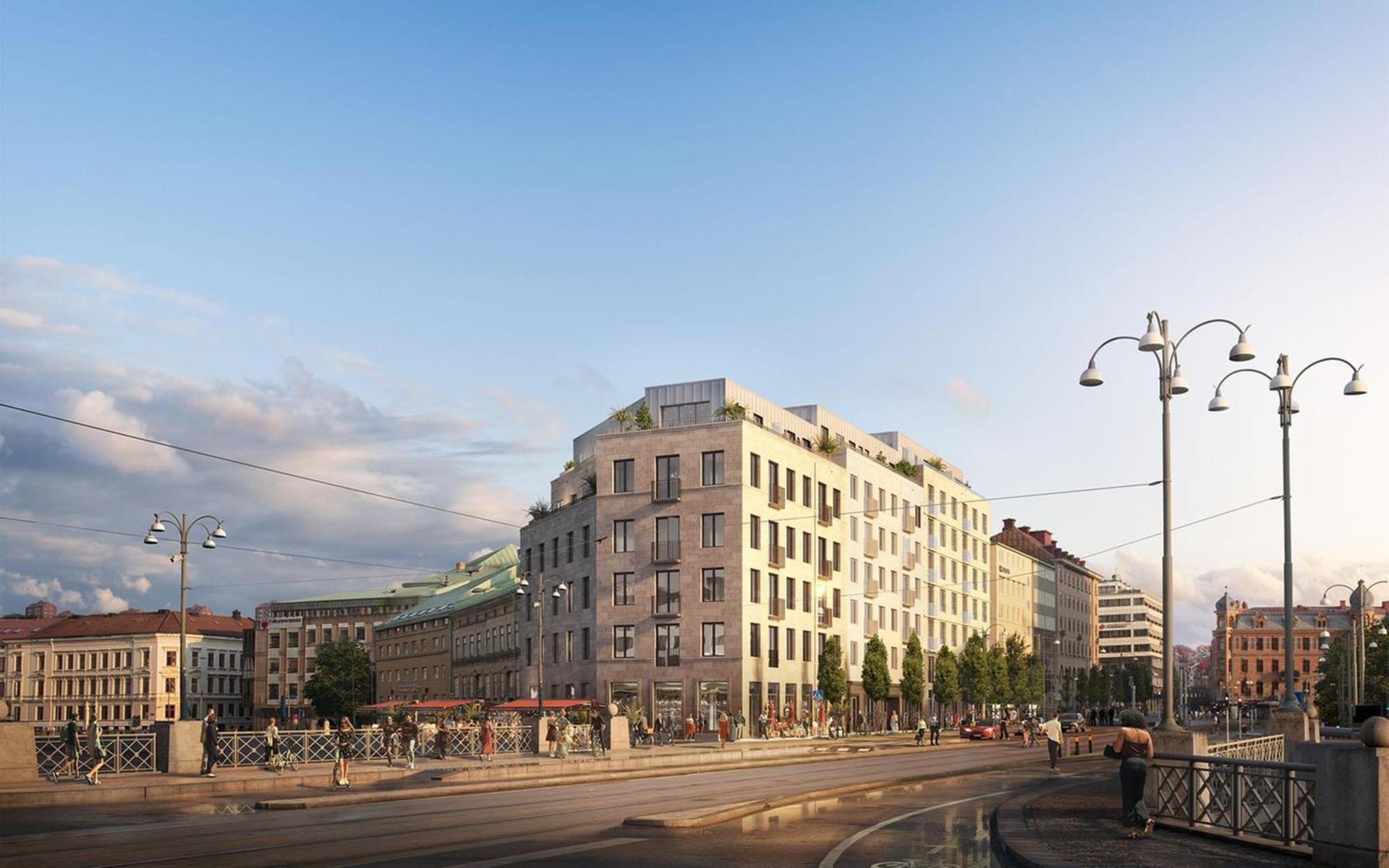 Visionsbild över projektet Röda Bryggan. Vy som visar Brogatan/Järntorgsgatan.