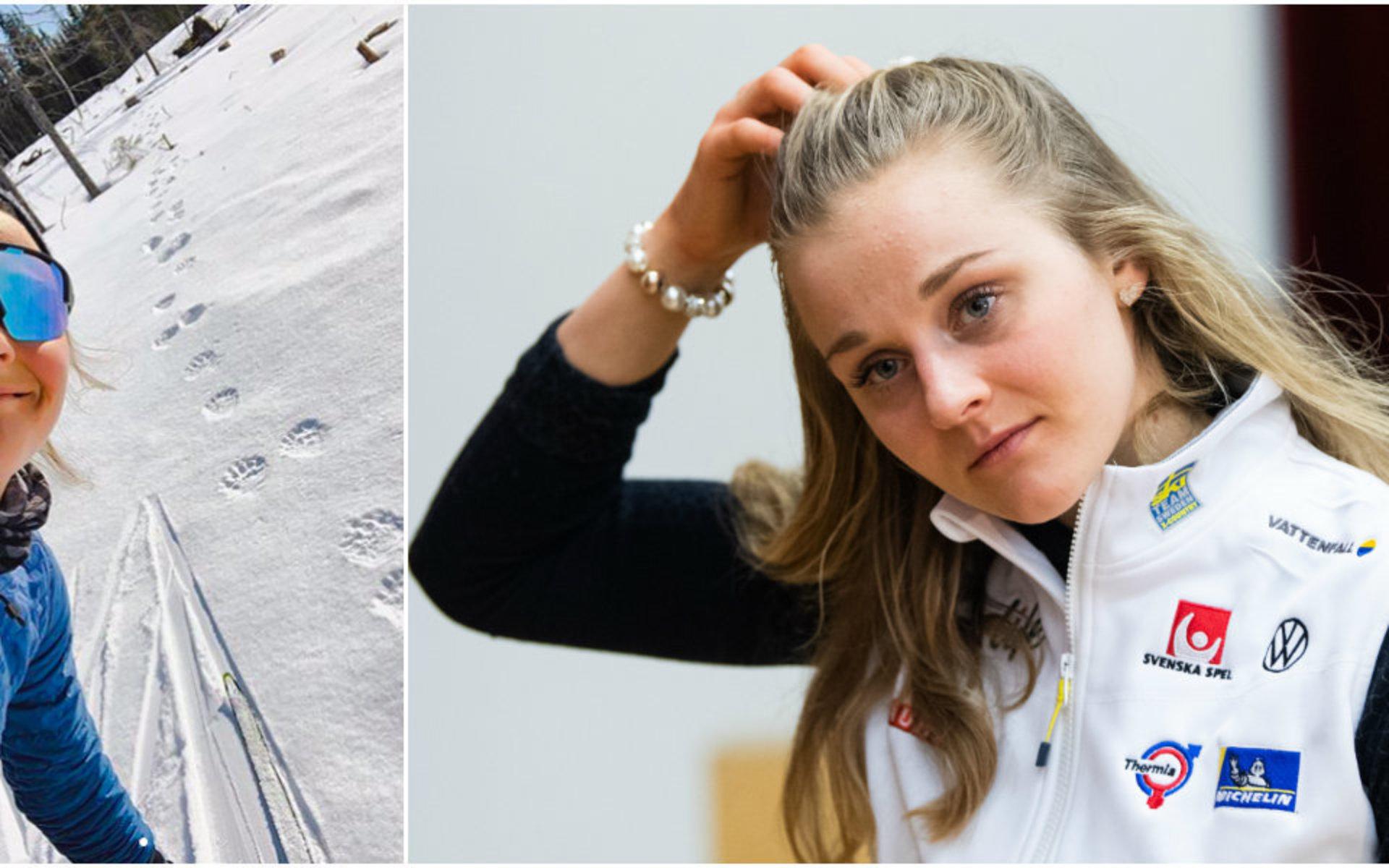 Den svenska skidstjärnan Stina Nilsson har bytt sport i vinter. Under ett av hennes träningspass träffade hon på en björn ute i skogen.