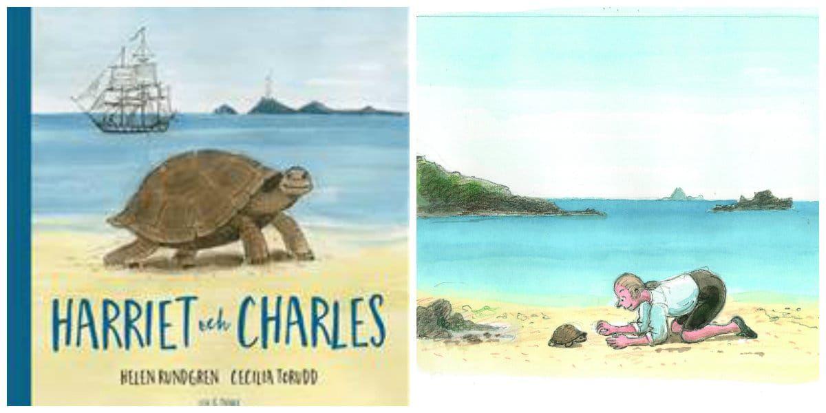Boken berättar hur Charles Darwin plockade med sig fyra sköldpaddor från Galápagosöarna och åkte jorden runt med dem i sin båt. Harriet, den som levde längst, blev 175 år och dog först 2006. Illustration: Cecilia Torudd