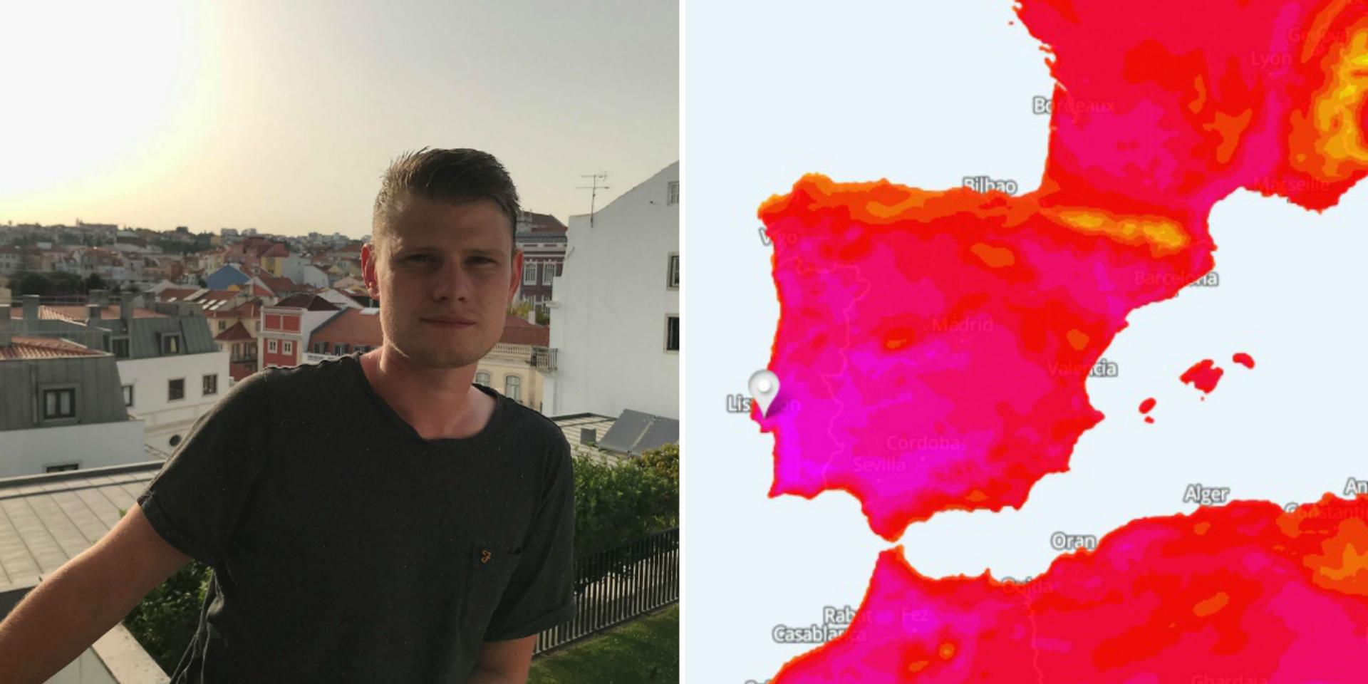 Filip Perem i Lissabon där det i helgen ska bli monstervarmt. I de rosa partierna på väderkartan ska det blir över 45 grader under lördagseftermiddagen, Lissabon vid den vita markören.