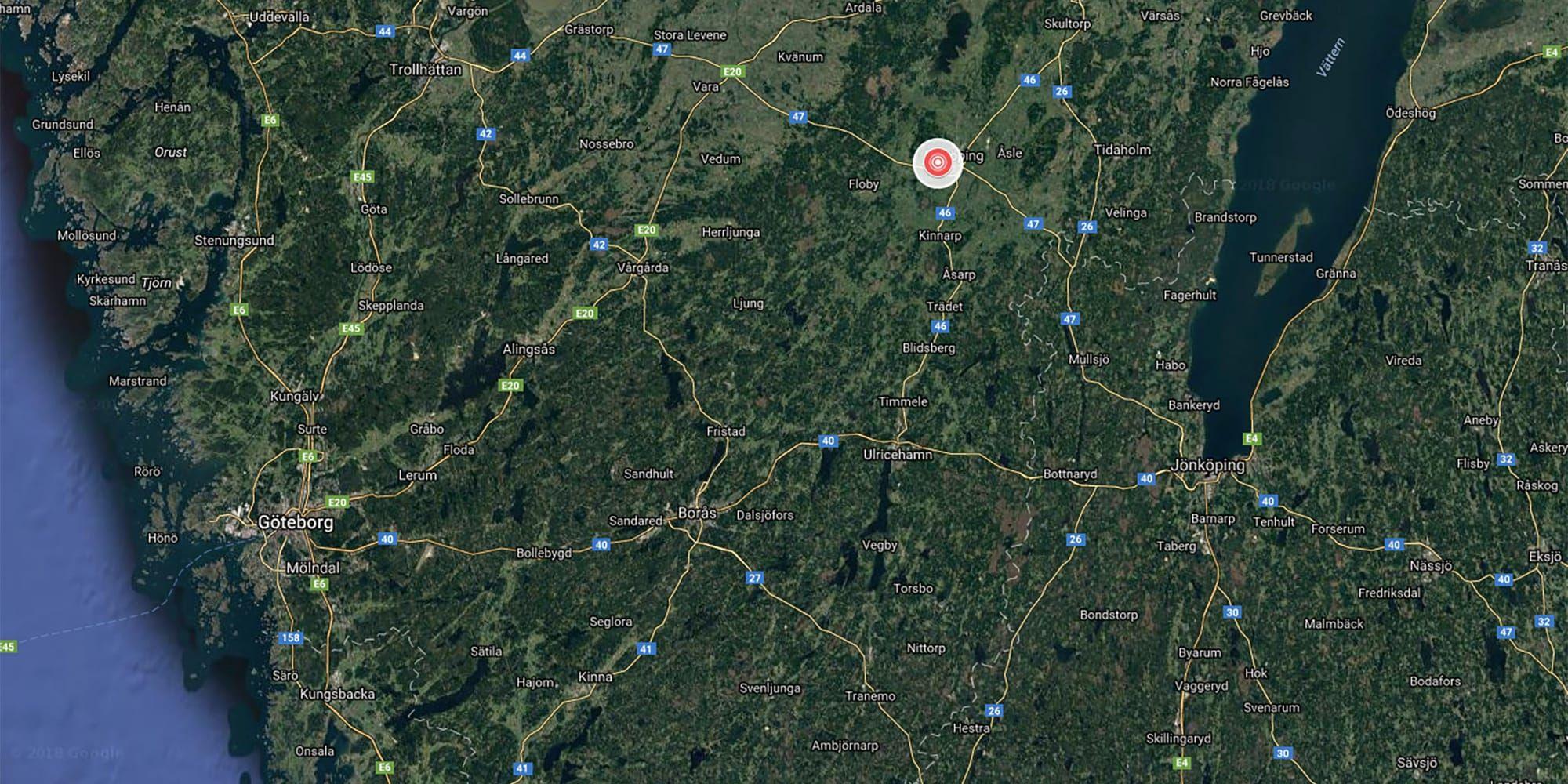 Jordskalvets epicentrum ligger cirka tre kilometer väster om Falköping. Källa: snsn.se