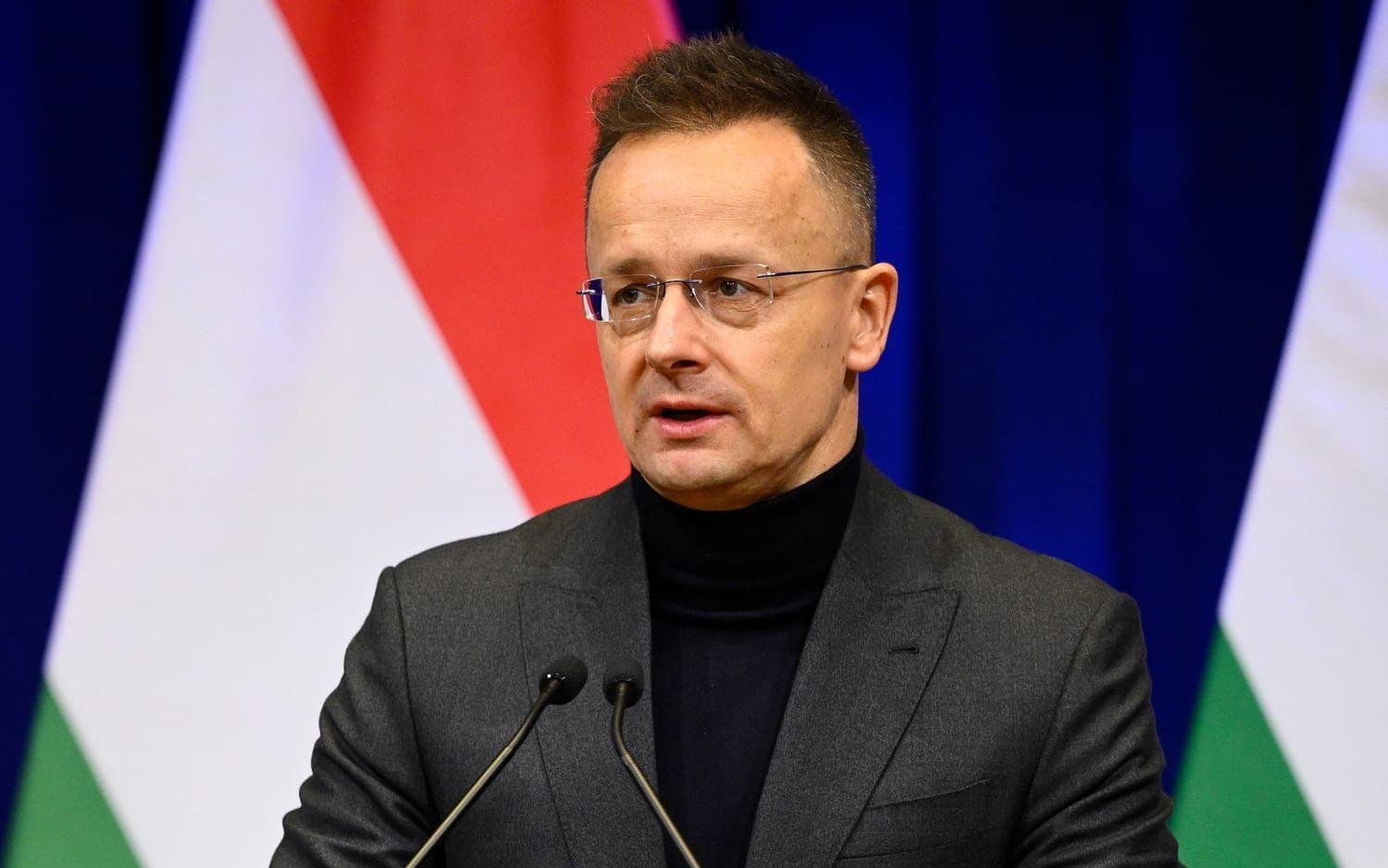 Ungerns utrikesminister Péter Szijjártó under en presskonferens i Budapest i februari. Arkivbild.