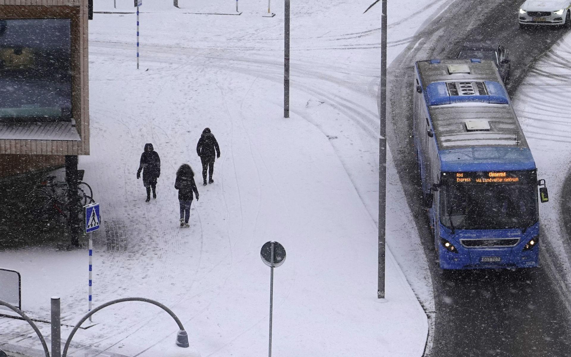 Bild från januari i år vid Åkareplatsen när ett snötäcke la sig över Göteborg. 