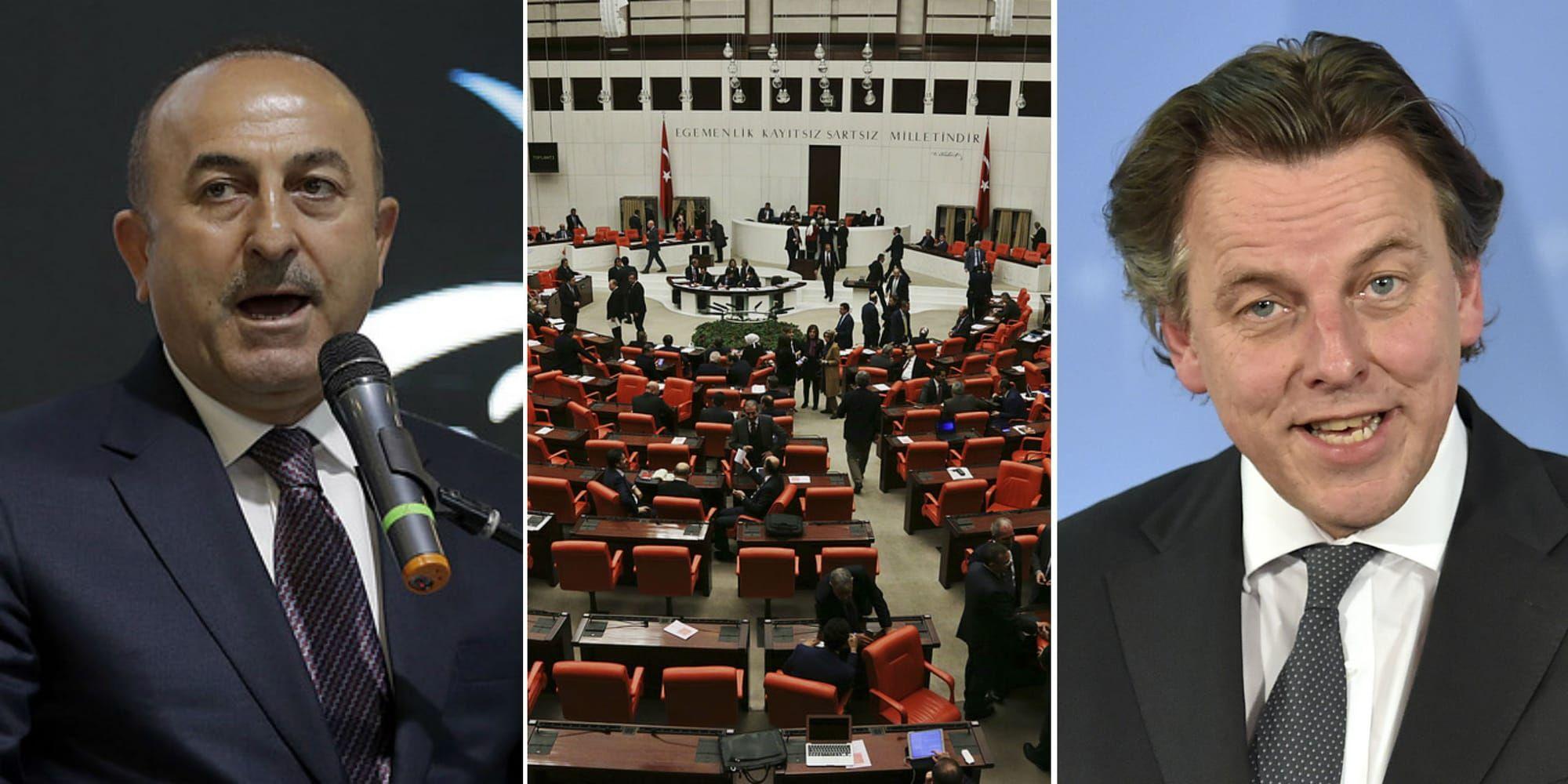 Turkiets utrikesminister Mevlüt Çavusoglus och Nederländernas utrikesminister Bert Koenders i ordkrig. Bilder: TT