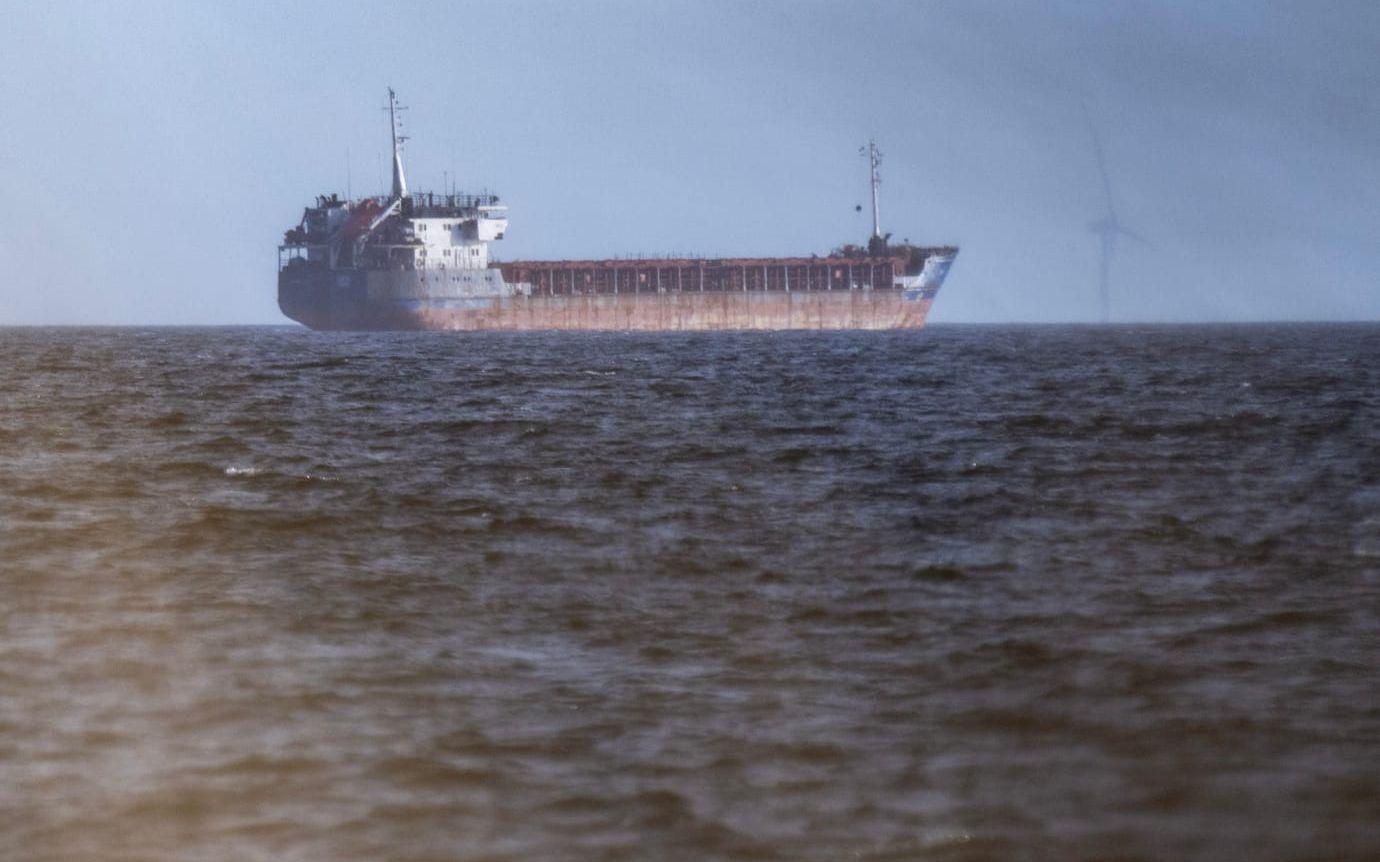 Det bordade bulkfartyget Caffa ankrat utanför Trelleborg i slutet av mars. Arkivbild.