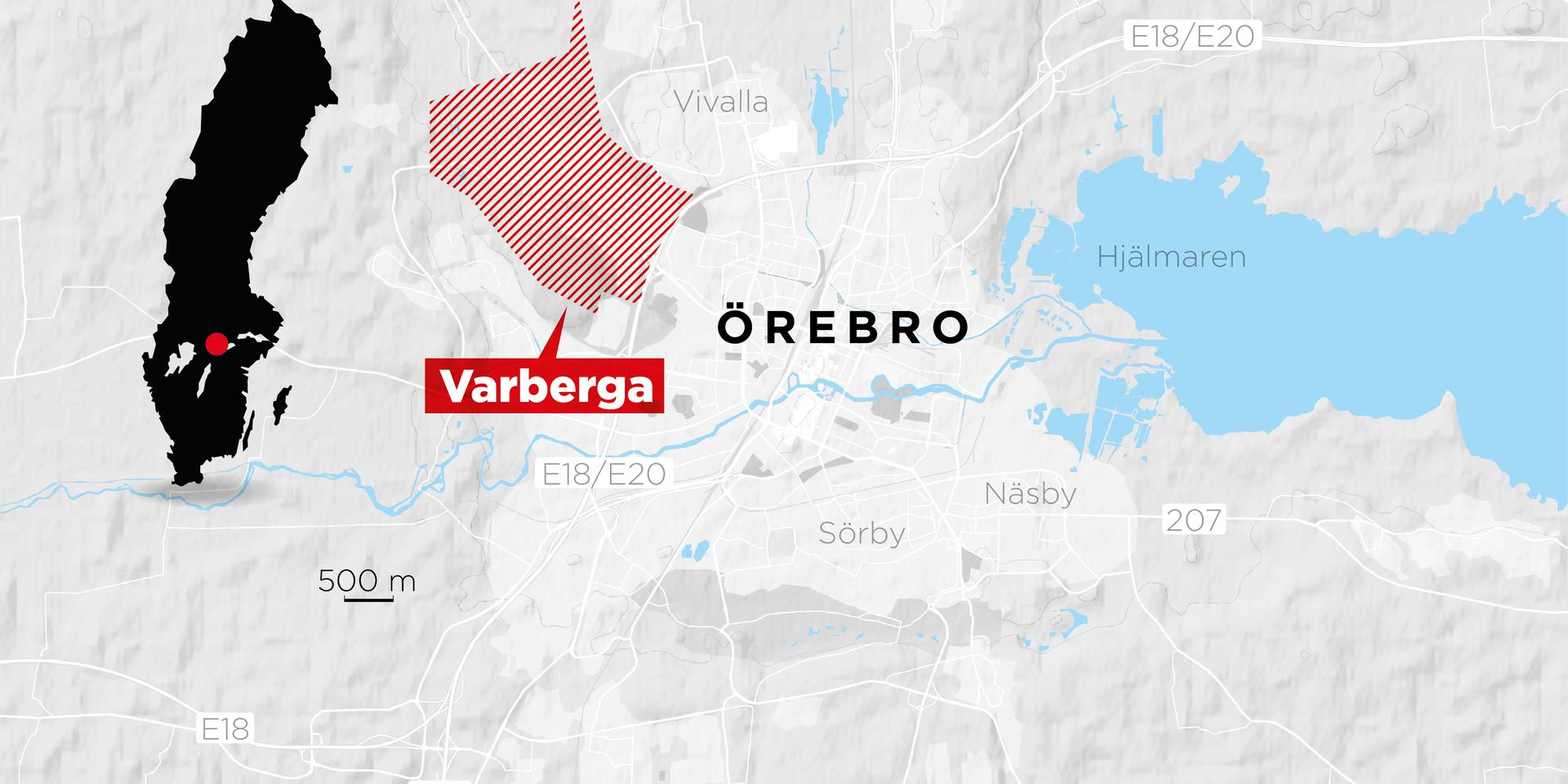 Webbkarta över området Varberga i Örebro där flera skottlossningar ägt rum den senaste tiden.